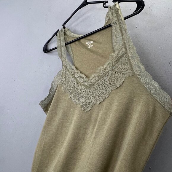 Mossimo Lace Trim Tank Top Stretchy XL Olive Green V Neck Longer Y2K - Picture 3 of 7